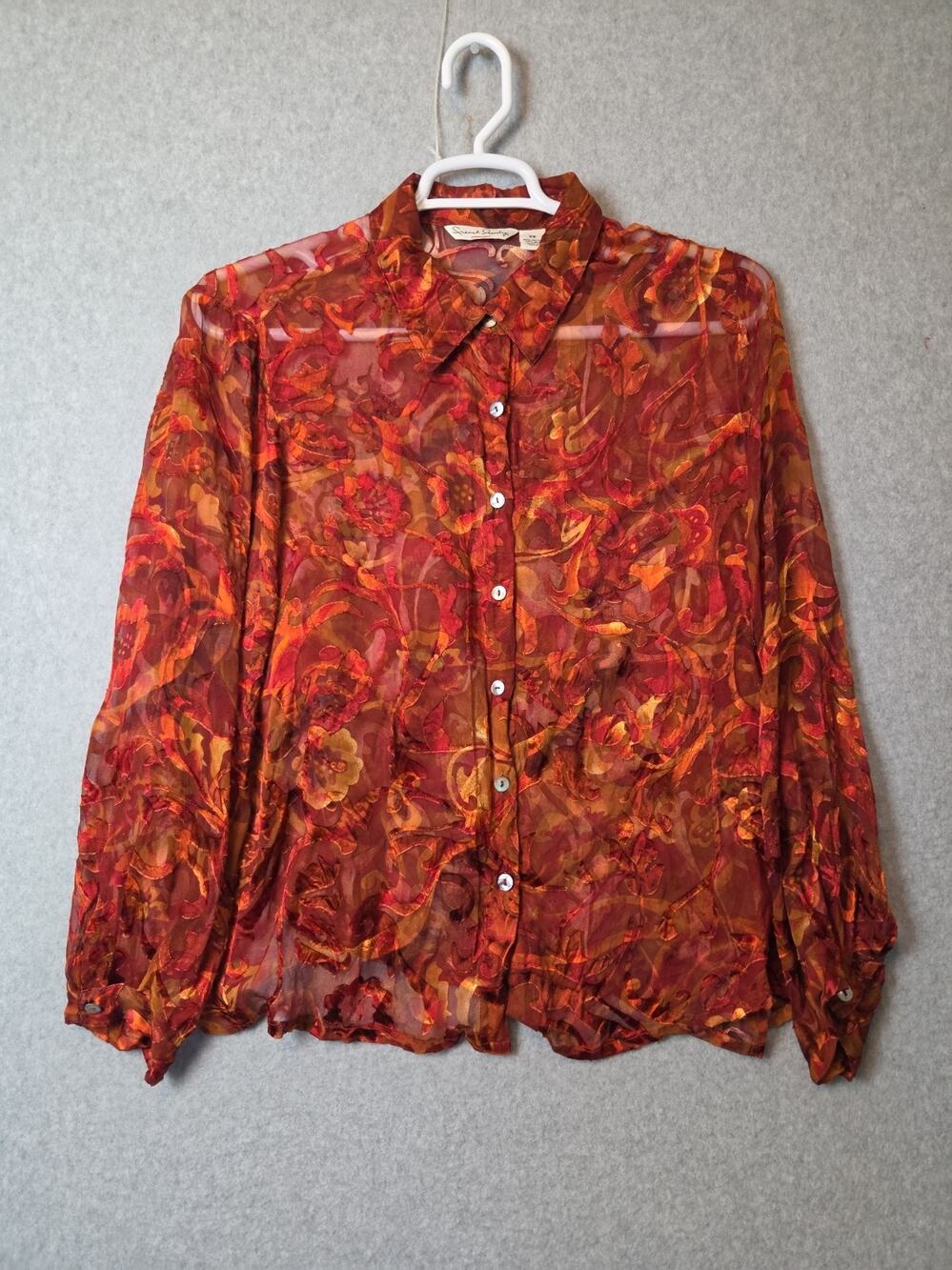 French Laundry Silk Blend Orange Floral Semi Sheer Button Up Shirt Women Plus 2X